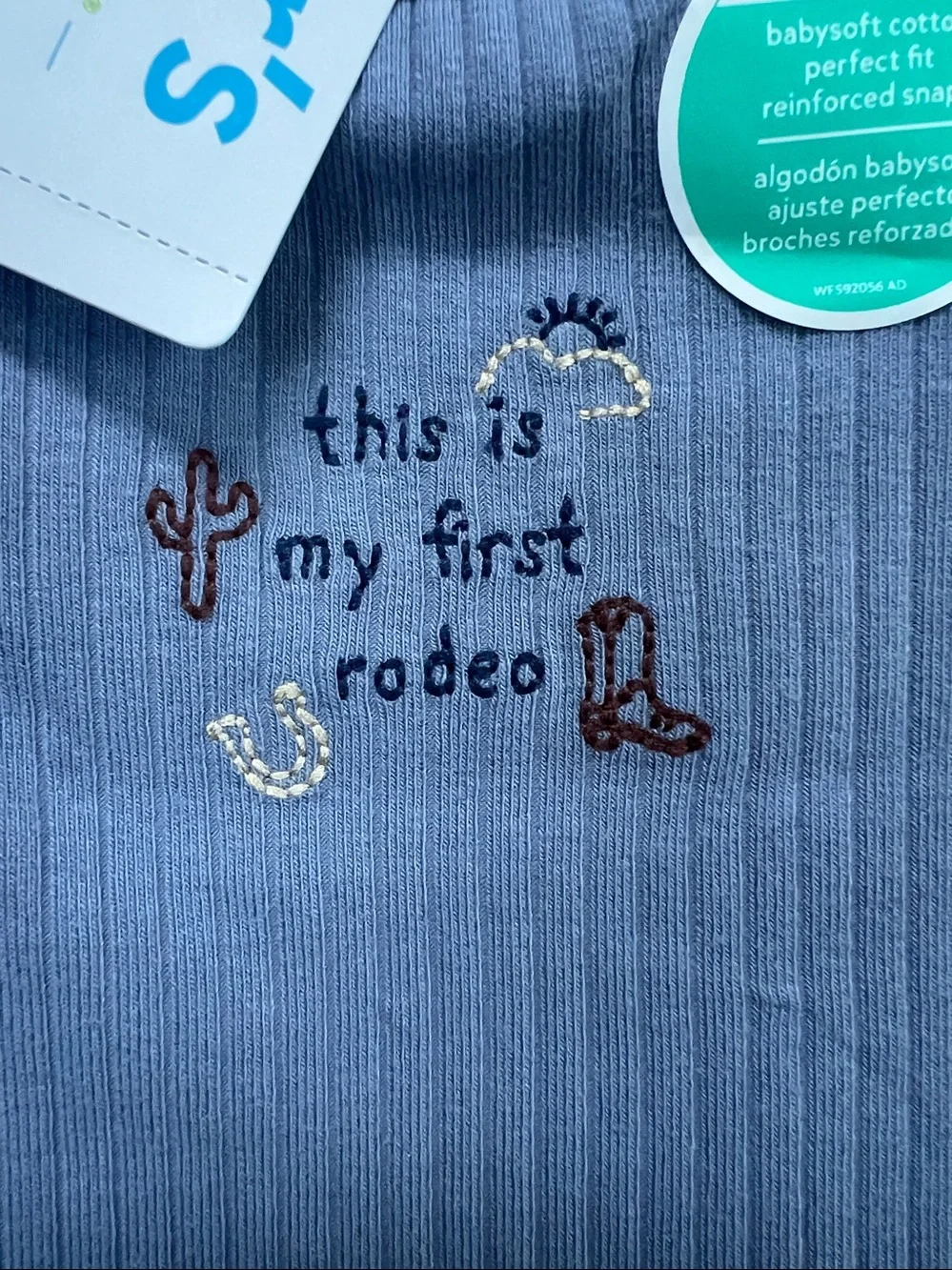 Carter's 3 piece Blue Ribbed 'This Is My First Rodeo' Baby One-Piece, & two more